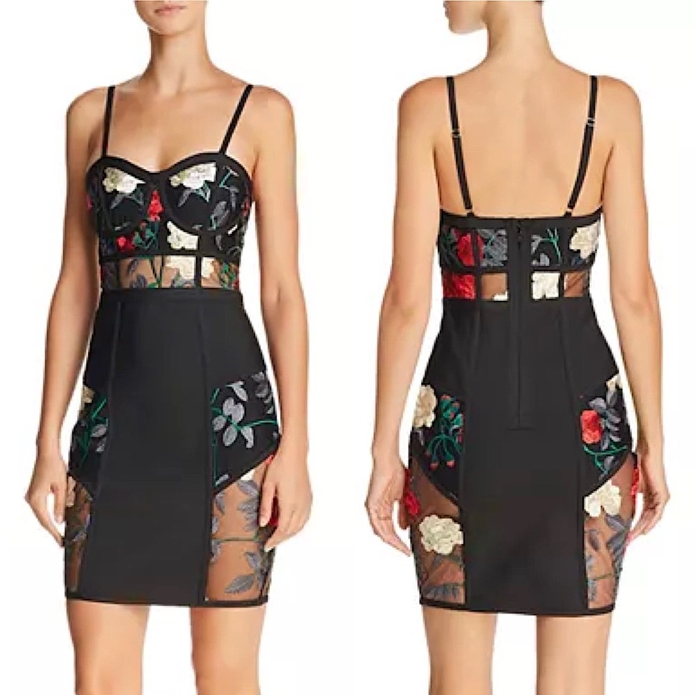 WOW Couture Black Floral Embroidered Mesh Bandage Bodycon Mini Dress L Cocktail
